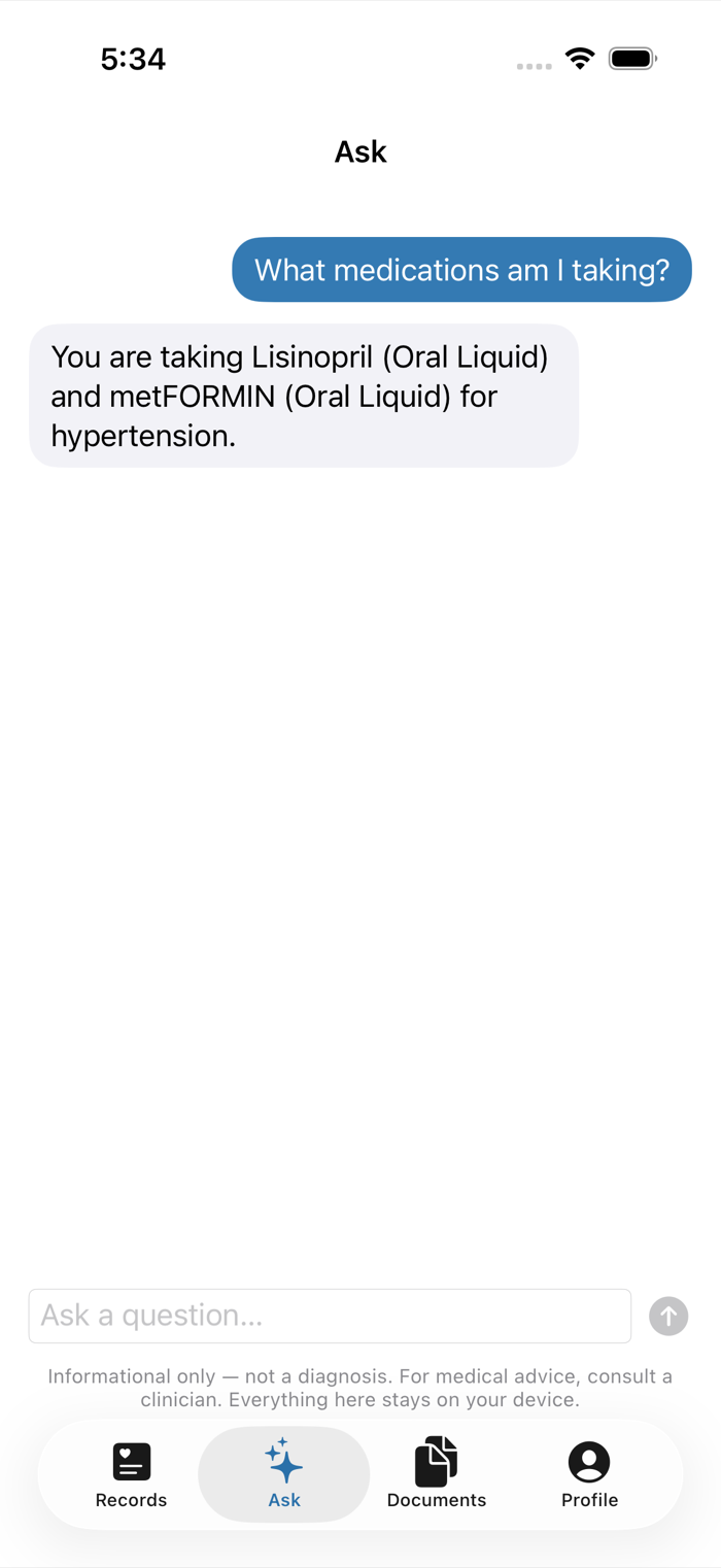 The Ask screen showing a question about symptom history answered by the on-device assistant.