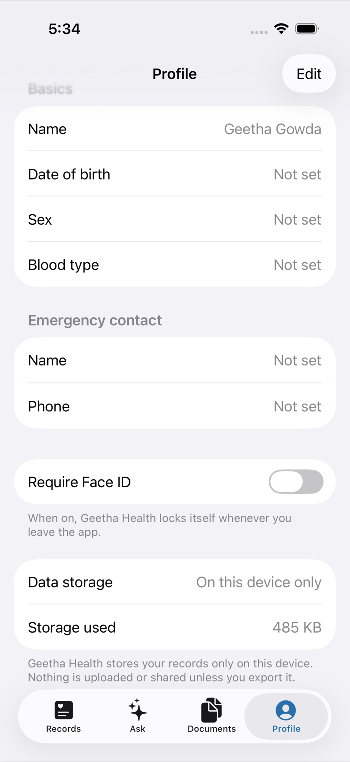 The Profile screen showing the data storage row reading "On this device only" alongside a Require Face ID toggle.