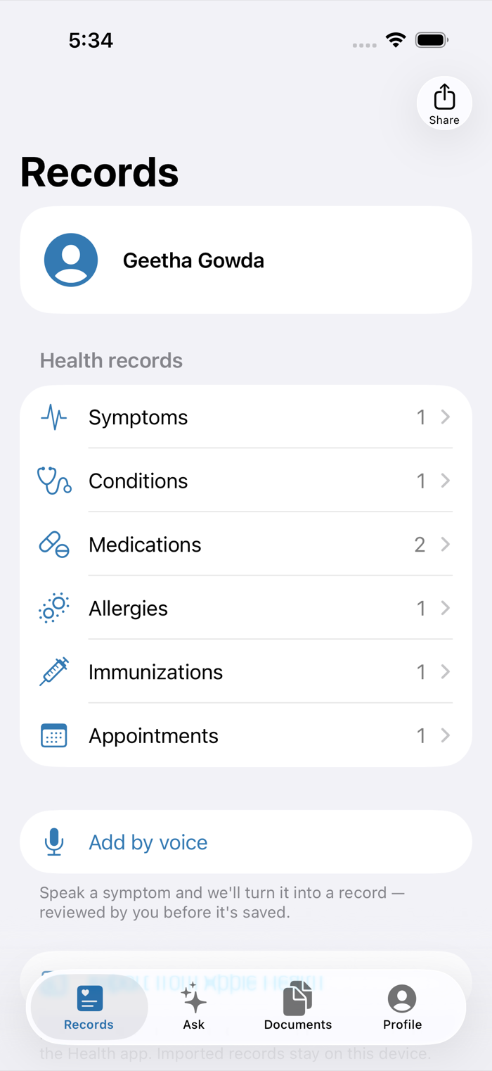 The Records screen in Geetha Health, listing symptoms, conditions, medications, allergies, immunizations and appointments with a count beside each.